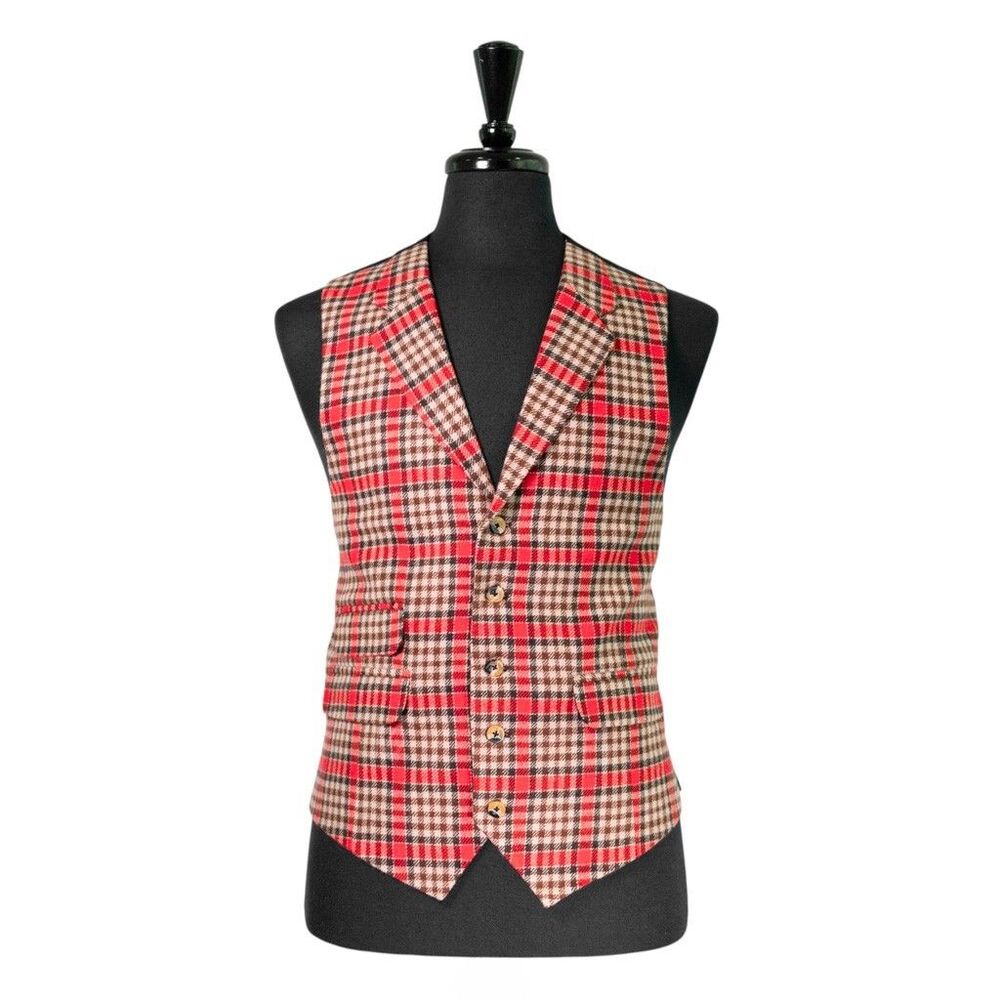 Mens Plaid Vest 42R Orange Brown Wool Waistcoat Large Formal Wedding Party Groom